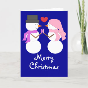 Tarjeta Festiva Amor y muñecos de nieve: Manta azul oscuro