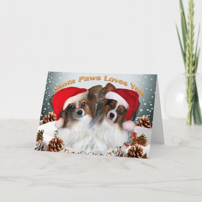 Tarjeta Festiva Amores de las patas de Papillon Santa usted (Anverso)