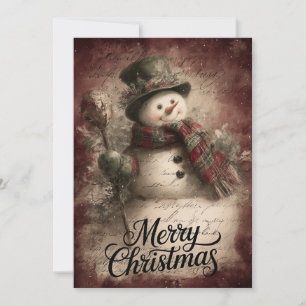 Tarjeta Festiva Amuleto Antiguo de Muñeco de Nieve y Acebo