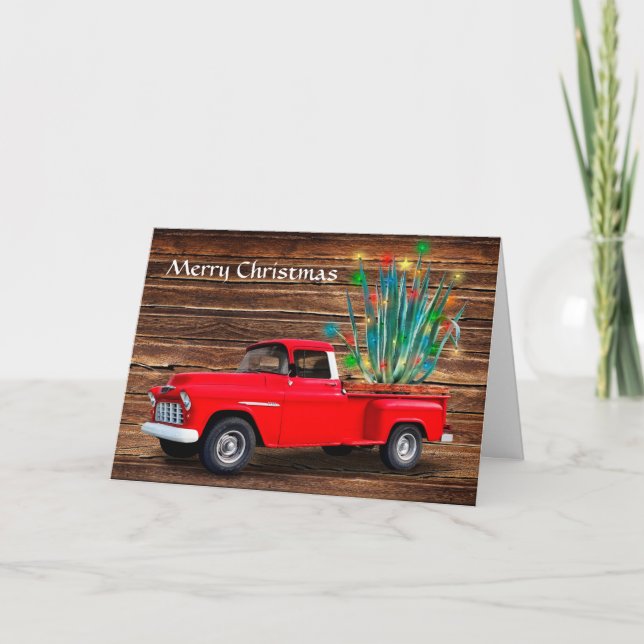 Tarjeta Festiva Añade tu foto al interior, Camión Rojo con Cactus, (Anverso)