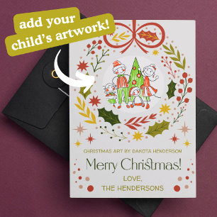 Tarjeta Festiva Añadir el arte de su hijo   Wreath de Navidades mo