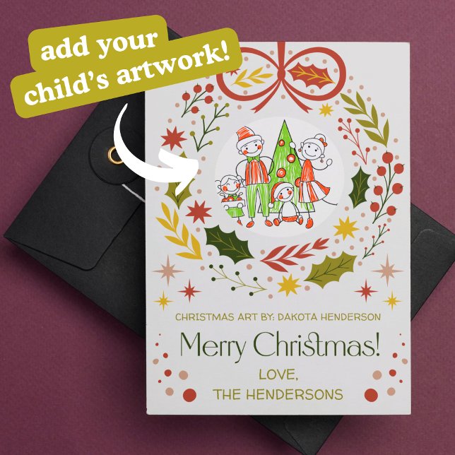 Tarjeta Festiva Añadir el arte de su hijo | Wreath de Navidades mo (add your child's art christmas holiday car modern wreath customizable children's picture)