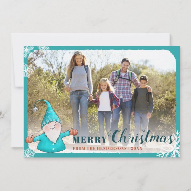 Tarjeta Festiva Añadir Navidades de Gnome Azul Verde azulado fotog (Anverso)