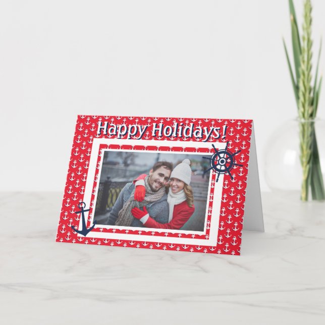 Tarjeta Festiva Ancla náutica y timón de barco Foto y texto person (Anverso)