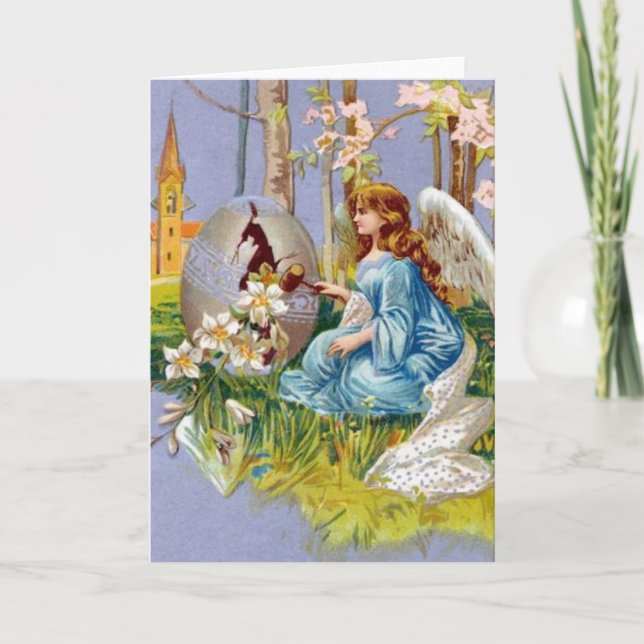 Tarjeta Festiva Ángel Abriendo Un Huevo De Pascua (Anverso)