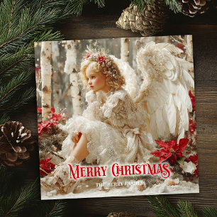 Tarjeta Festiva Ángel angelical alegre rojo dorado festivo brillan