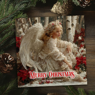Tarjeta Festiva Ángel angelical retro rojo oro festivo encantador