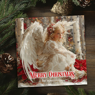 Tarjeta Festiva Ángel angelical trendy rojo dorado radiante festiv