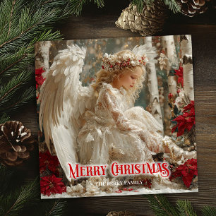 Tarjeta Festiva Ángel angelical único rojo dorado festivo hermoso