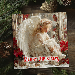 Tarjeta Festiva Ángel angelical vintage destellos festivos de rojo