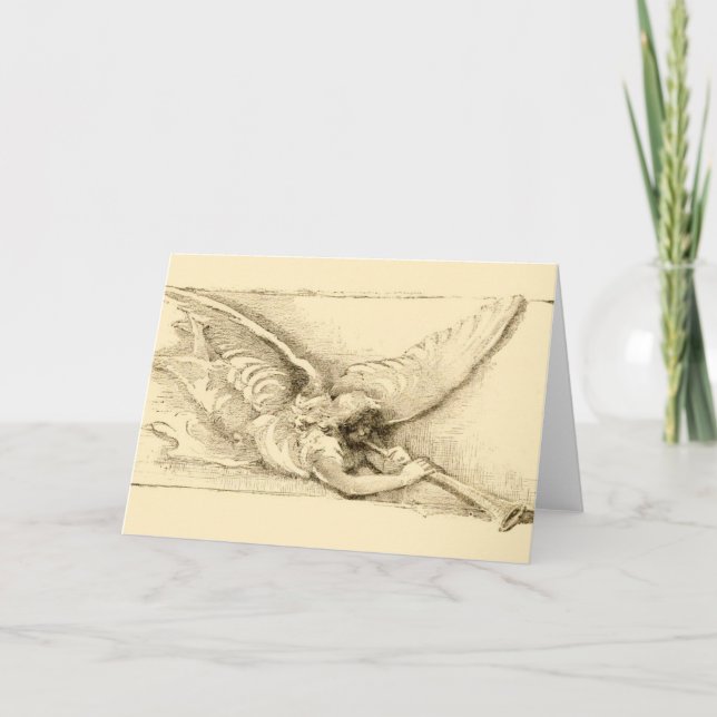 Tarjeta Festiva Ángel Antiguo con Trompeta Monocromo (Anverso)