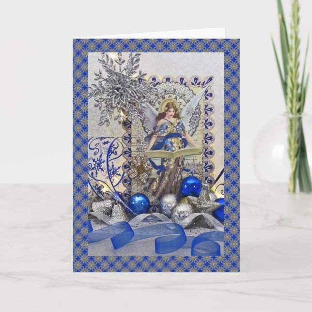 Tarjeta Festiva Ángel azul victoriano con borde (Anverso)