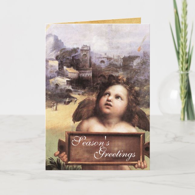 Tarjeta Festiva ANGEL, Cherub alado, zafiro azul, pergamino (Anverso)