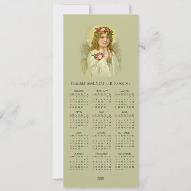 Tarjeta Festiva Ángel Chica celestial con calendario Rosary 2019 (Anverso)