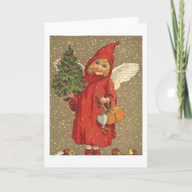 Tarjeta Festiva Ángel con un abrigo rojo (Anverso)