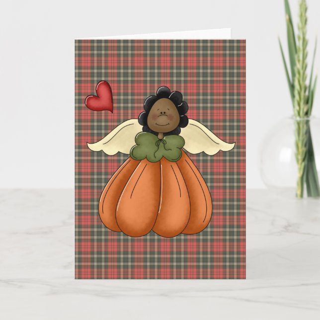 Tarjeta Festiva angel de calabaza afroamericano (Anverso)