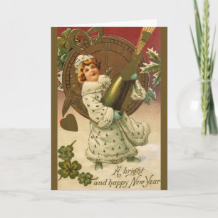 Tarjeta Festiva Ángel de champán de Nochevieja victoriano vintage