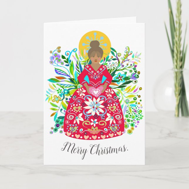 Tarjeta Festiva Ángel de los Navidades rojos vibrantes de arte pop (Anverso)