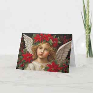 Tarjeta Festiva Ángel de Navidades con Wreath de la Poinsettia Roj