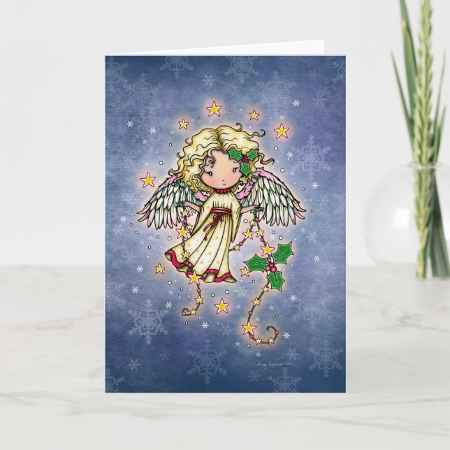 Tarjeta Festiva Ángel de Navidades pequeños con arte holly (Anverso)