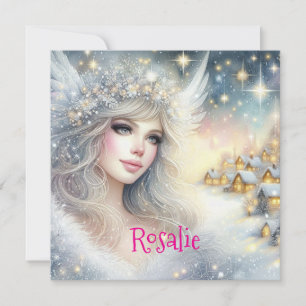 Tarjeta Festiva Ángel de nieve de escarcha etérea acuarela blanca 
