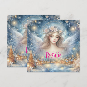 Tarjeta Festiva Ángel de nieve de escarcha etérea de acuarela azul