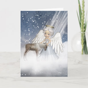 Tarjeta Festiva Ángel de nieve que sopla nieve sobre el mundo, con