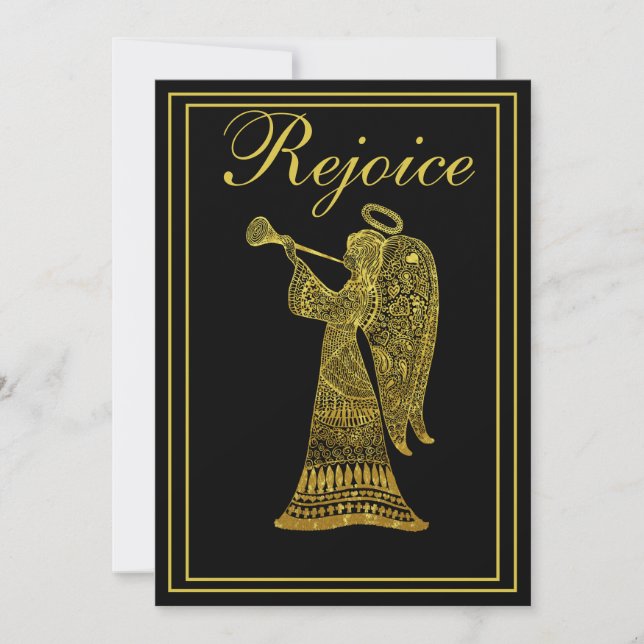 Tarjeta Festiva Ángel de oro sobre Navidades de alegría negra (Anverso)