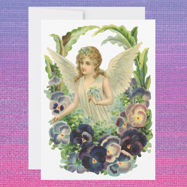 Tarjeta Festiva Ángel de Pascua victoriano con flores de púrpura (Subido por el creador)