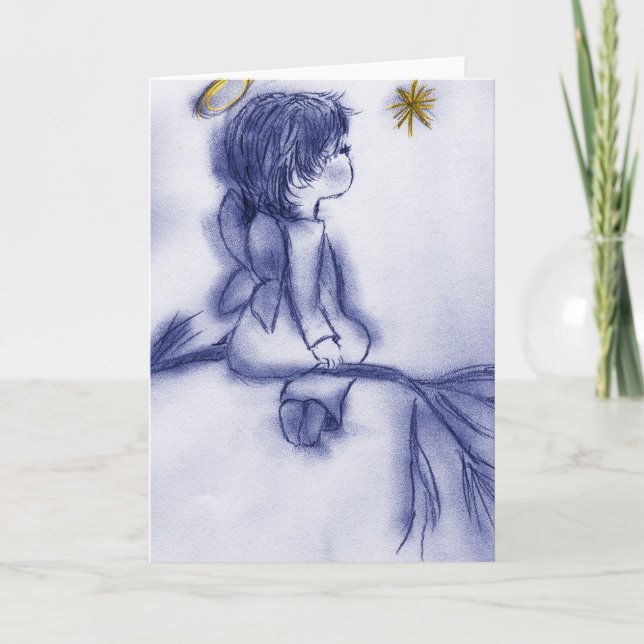 Tarjeta Festiva Ángel Deseando Sobre Una Estrella - Tinta Azul (Anverso)