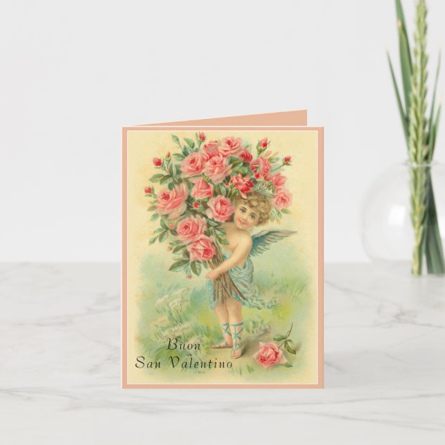 Tarjeta Festiva Ángel Día de San Valentín italiano con Rosas (Anverso)