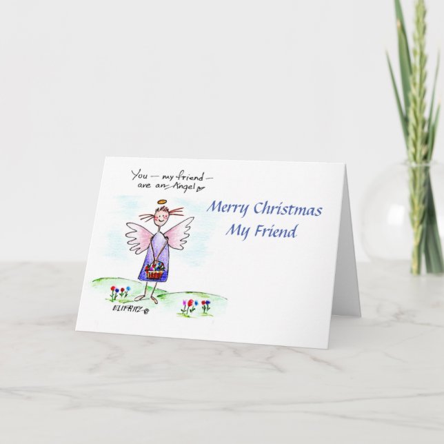 Tarjeta Festiva Angel Dibujando Verde Azul Morado "Tu Mi Amigo" (Anverso)