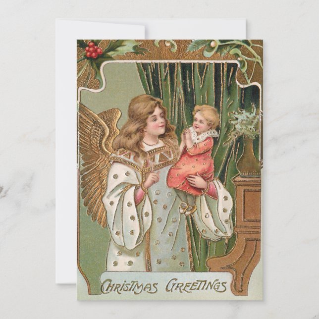 Tarjeta Festiva Ángel dorado y niño vintage (Anverso)