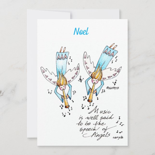 Tarjeta Festiva Ángel en azul tocando música para nuestras vacacio (Anverso)