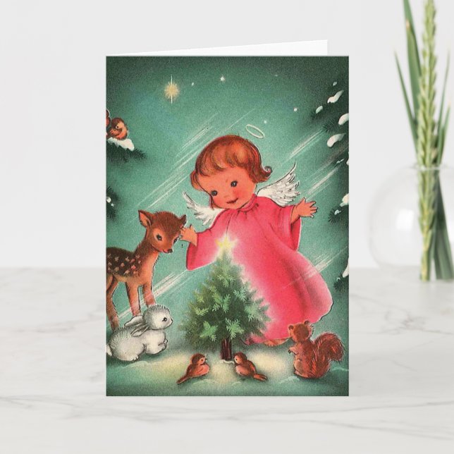 Tarjeta Festiva Ángel En El Bosque Con Animales (Anverso)
