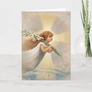 Tarjeta Festiva Ángel en el cielo sosteniendo lirios en su hombro