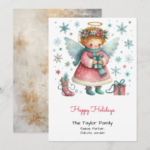Tarjeta Festiva Ángel Feliz Rosa y Azul Caprichoso