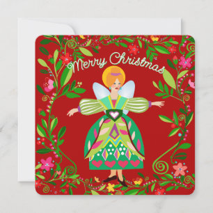 Tarjeta Festiva Ángel Folk Moderno Festivo de Cabello Rojo Plano