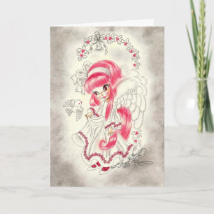 Tarjeta Festiva Ángel grande lindo del ojo con el pelo y el acebo
