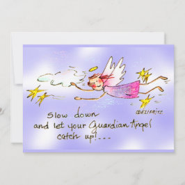 Tarjeta Festiva Angel In Purple & Gold Stars dice texto lento haci