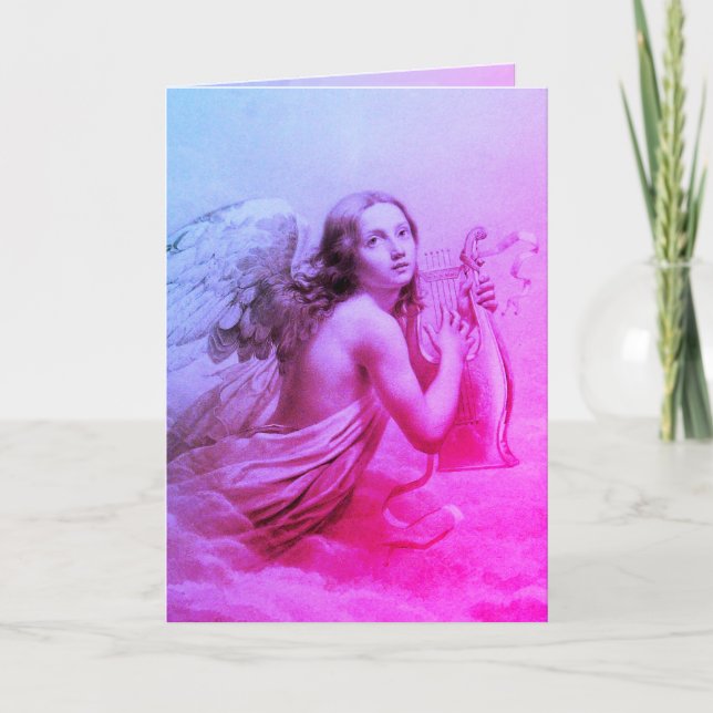 TARJETA FESTIVA ANGEL JUGANDO A LYRA SOBRE LAS NUBES ROSA (Anverso)