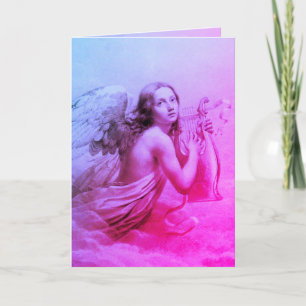 TARJETA FESTIVA ANGEL JUGANDO A LYRA SOBRE LAS NUBES ROSA