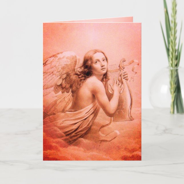 TARJETA FESTIVA ANGEL JUGANDO CON LYRA SOBRE LA NUBE (Anverso)