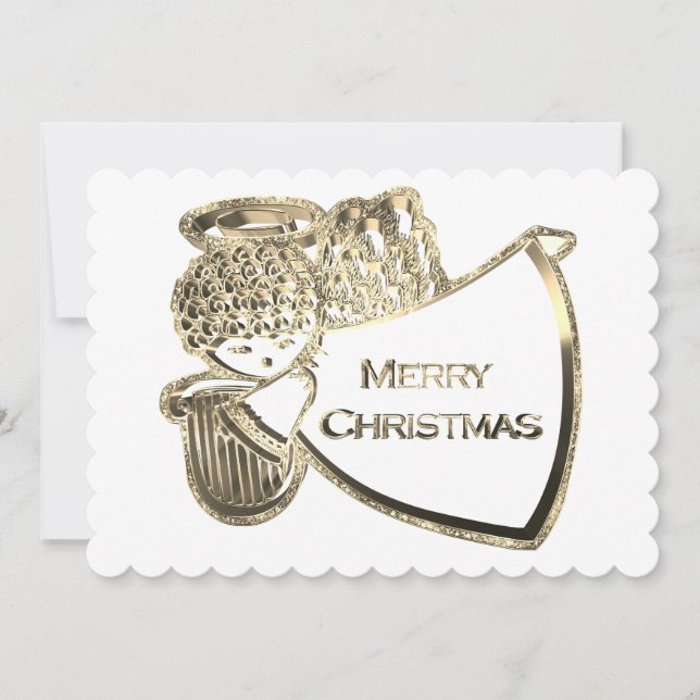Tarjeta Festiva Angel Jugando Navidades blancos Harp Elegant Gold (Anverso)