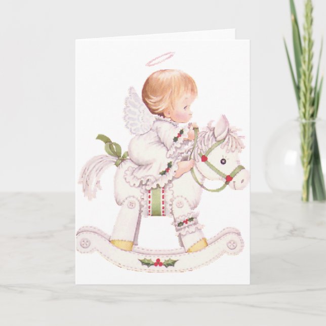 Tarjeta Festiva Ángel lindo en un caballo de Navidades blancos (Anverso)