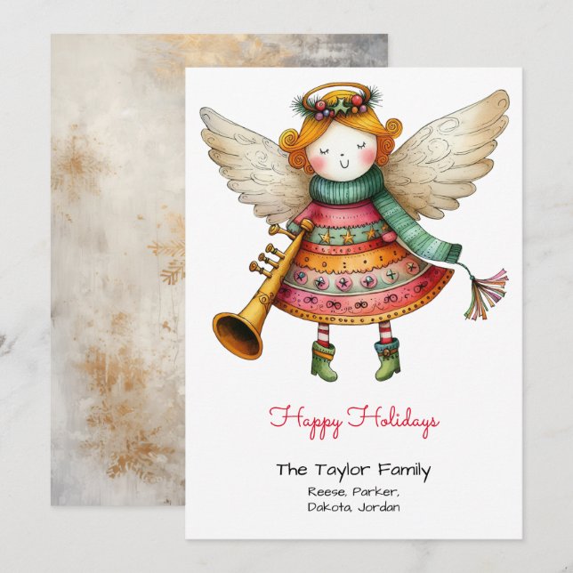 Tarjeta Festiva Ángel lindo ilustración caprichosa feliz  (Anverso / Reverso)