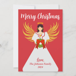 Tarjeta Festiva Angel Merry Christmas Red Green Wreath Wings Nombr