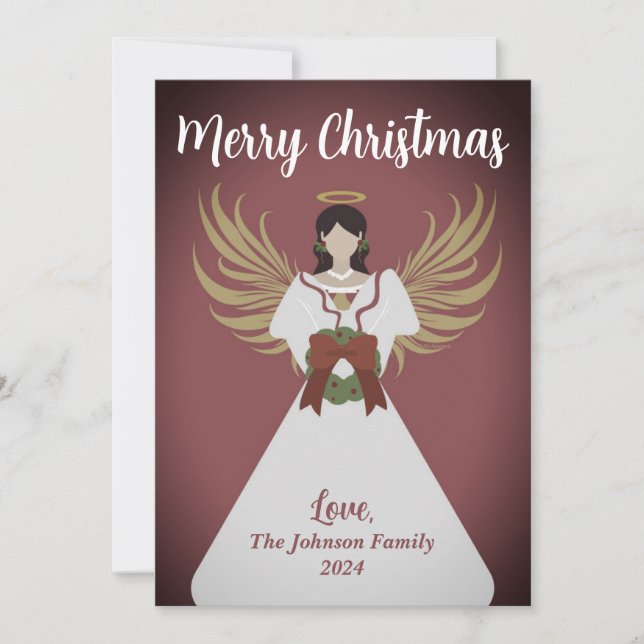 Tarjeta Festiva Angel Merry Christmas Wreath Wings Burgundy Name (Anverso)
