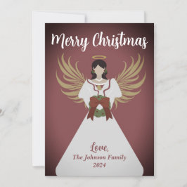 Tarjeta Festiva Angel Merry Christmas Wreath Wings Burgundy Name