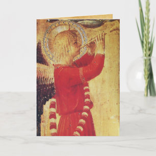 TARJETA FESTIVA ÁNGEL MUSICAL EN ROJO Y ORO